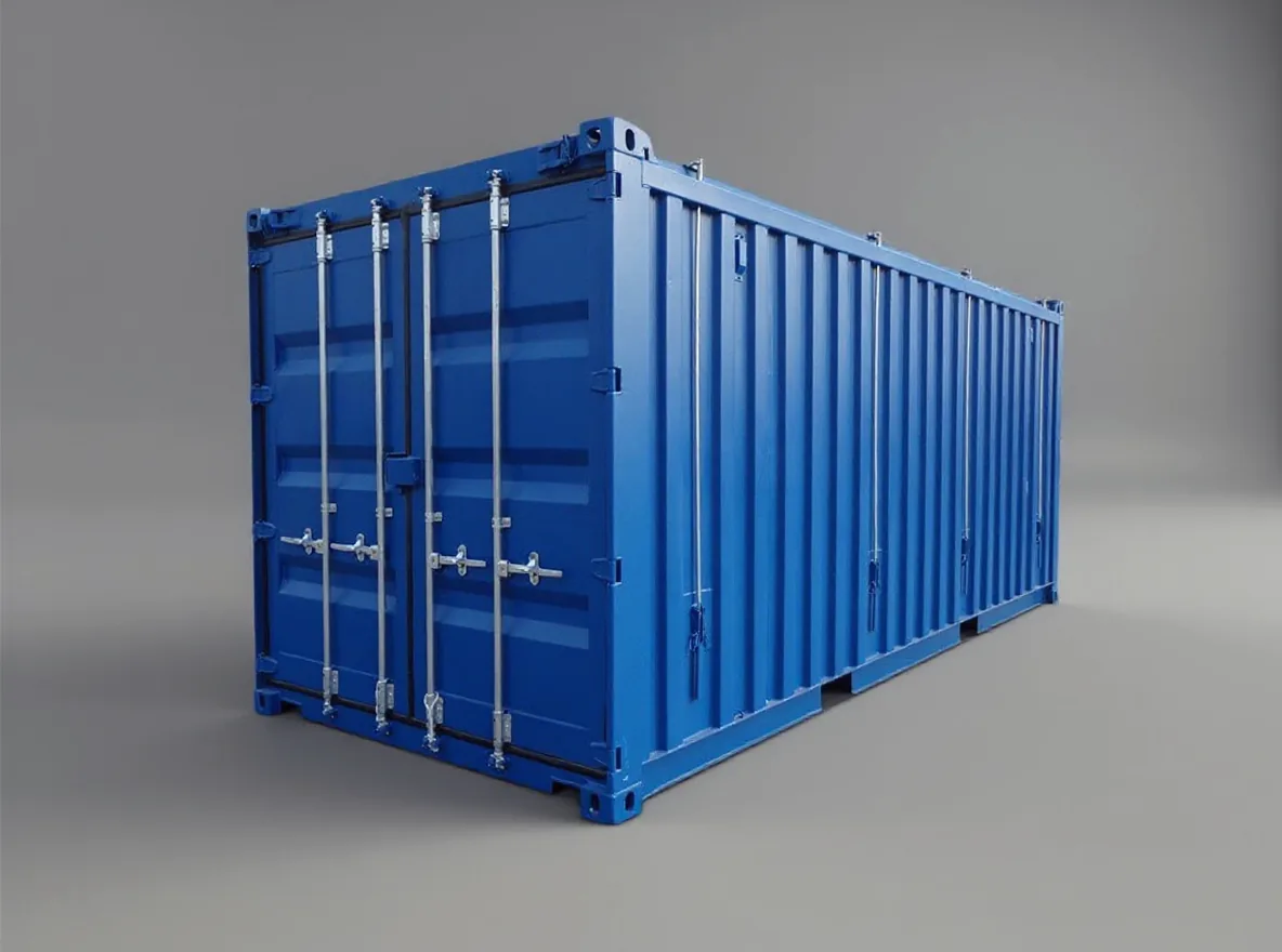 Blue hard top container seen from the door end, corrugated side walls and closed doors