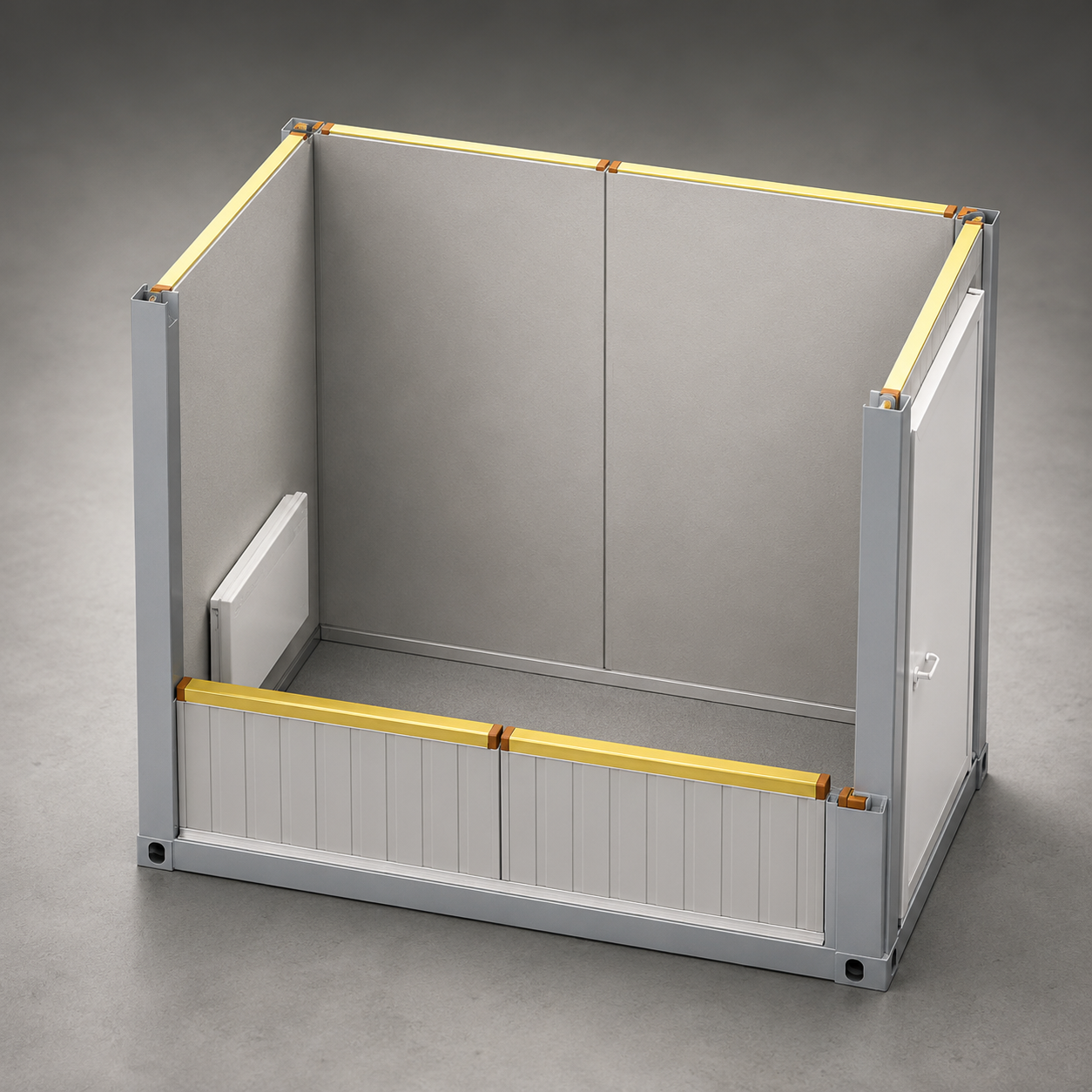 Coque de module bureau avec panneaux de paroi posés, toiture ouverte et couvre-joint jaune