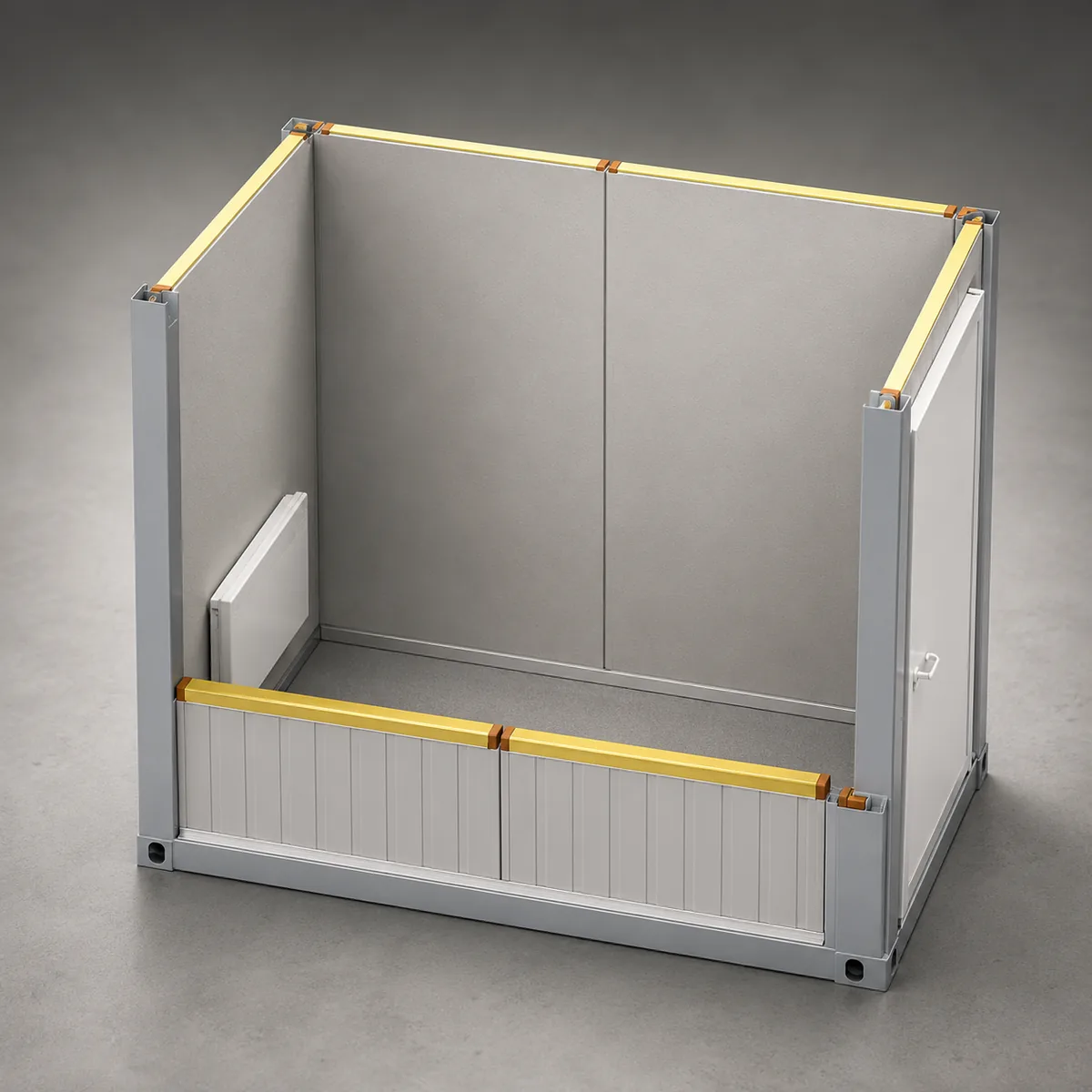 Office module shell, wall panels fitted, open roof and yellow capping along the top edge