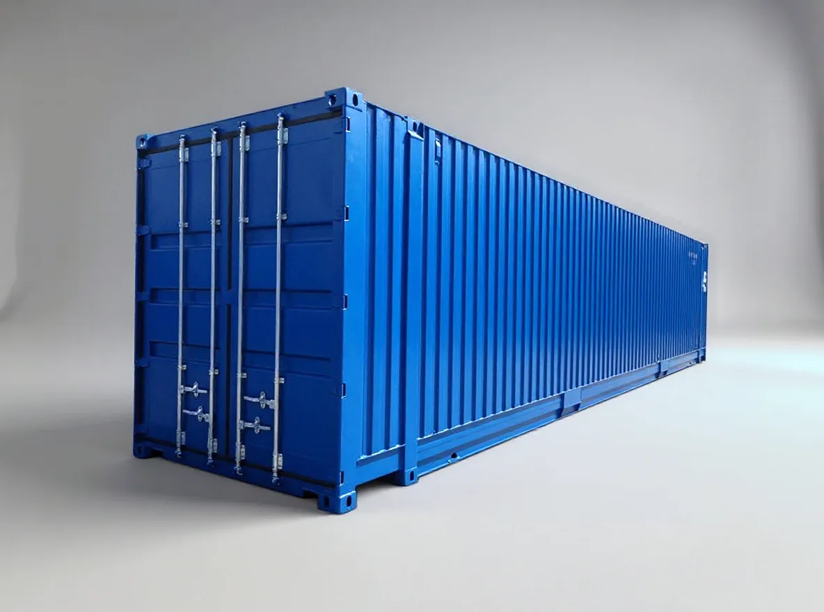 Blue high cube container seen down its length, doors closed