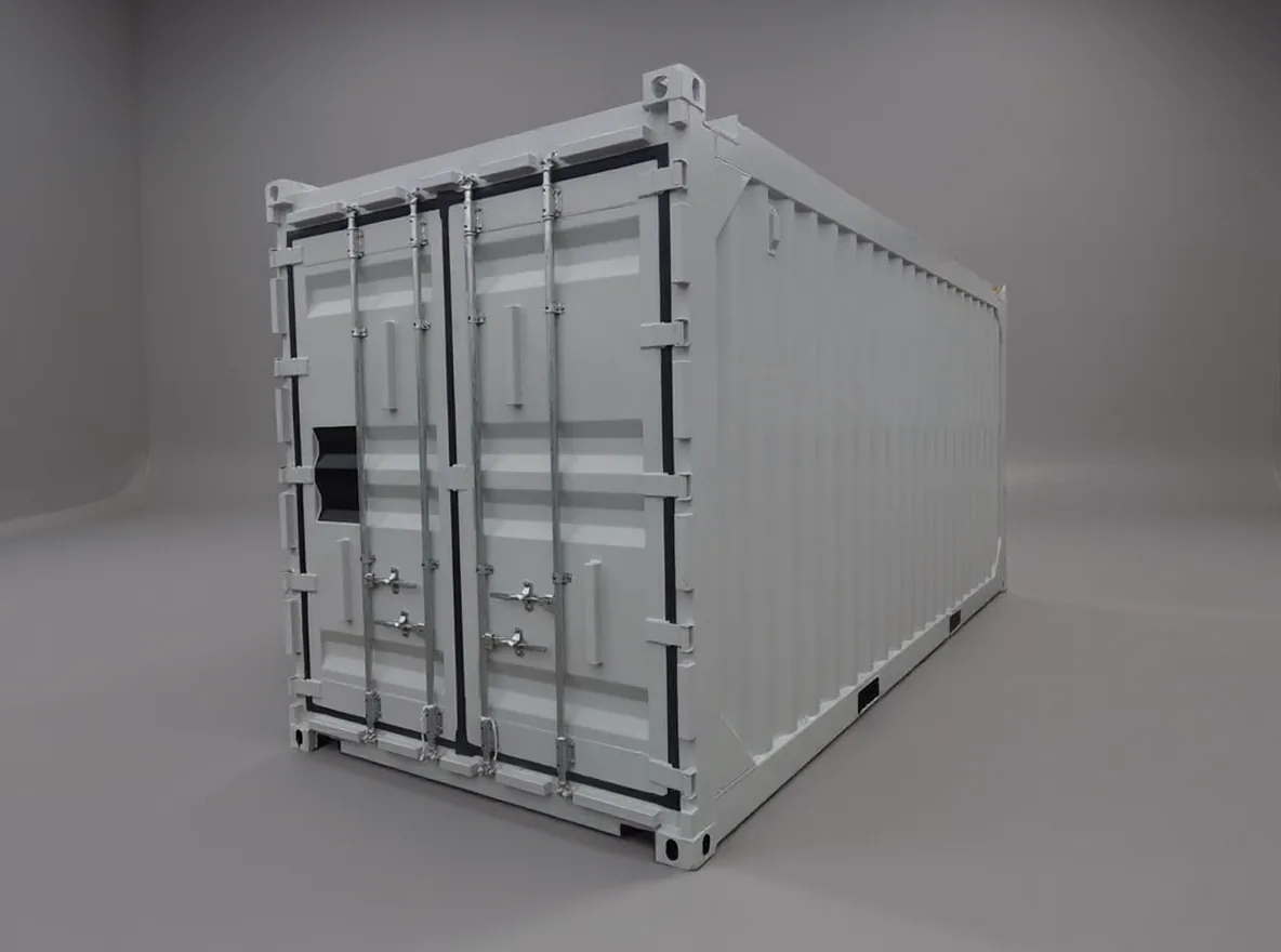 White offshore container seen from the door end, closed doors and a vent panel beside them