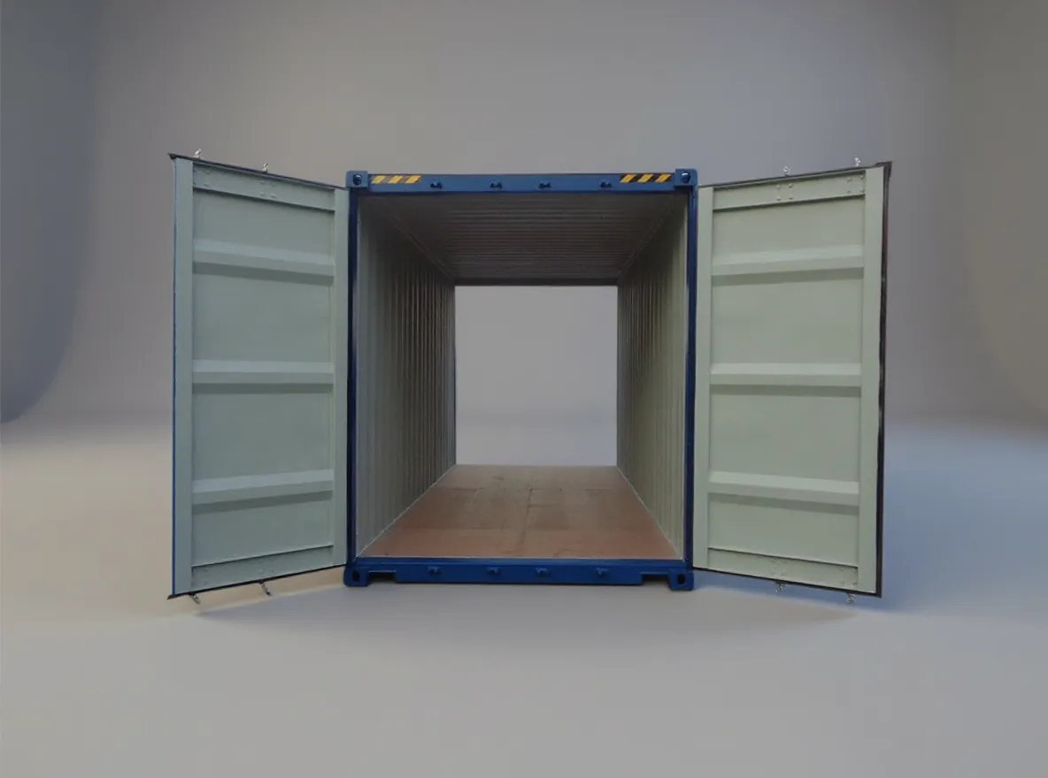 Blue high cube container seen from the door end, both doors open, showing the empty interior and timber floor