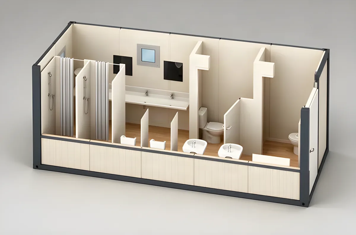 Sanitary unit cutaway: shower cubicles, a washbasin run with a mirror, and WC cubicles