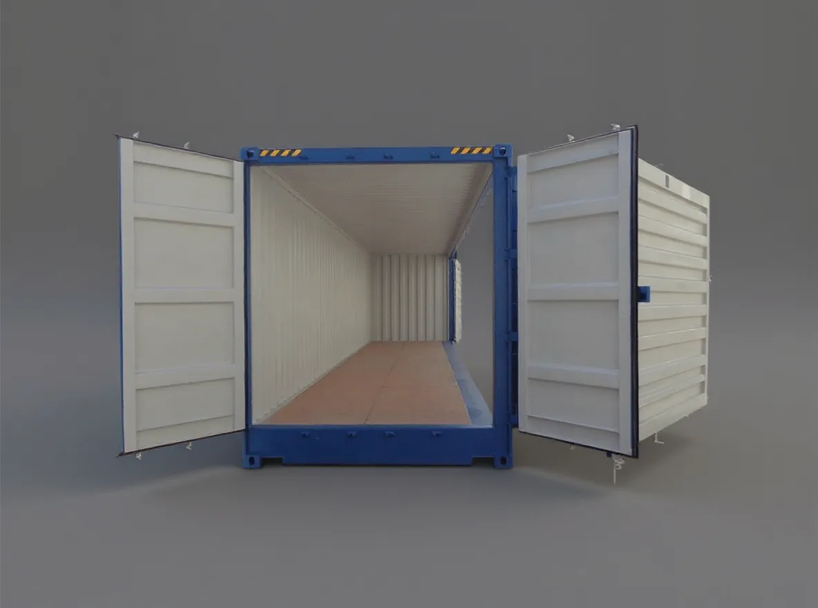 Blue high cube container seen from the door end, both doors open, showing the empty interior and timber floor