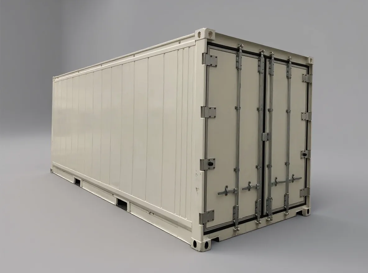 Cream reefer container seen at three quarters, ribbed side walls and closed insulated doors