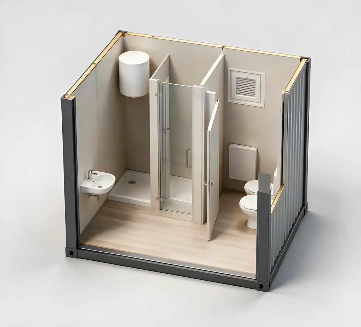 Sanitary unit cutaway: a washbasin, a shower cubicle, a WC and a water heater cylinder