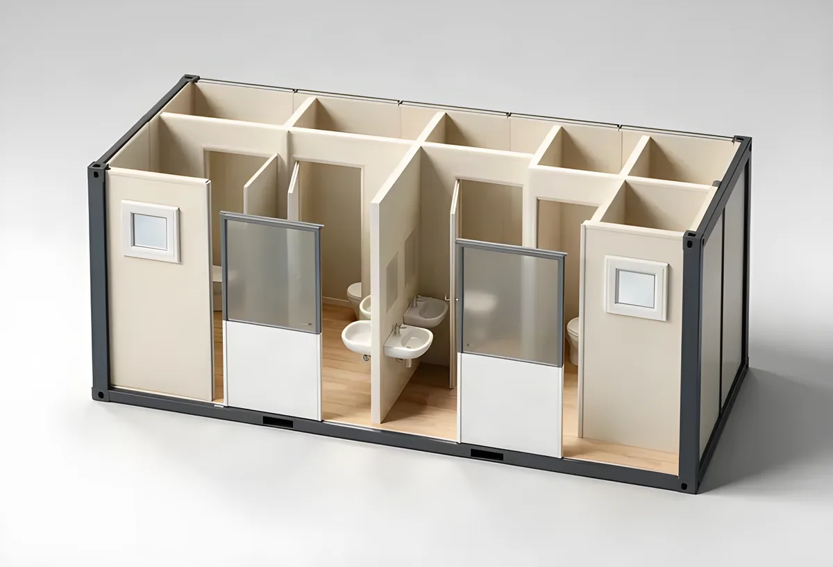 Sanitary unit cutaway: a row of WC cubicles behind two entrance doors, windows along the wall