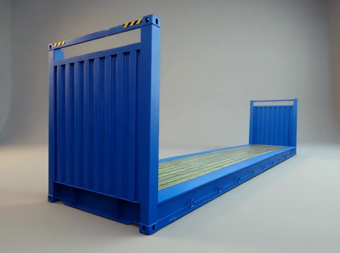 Blue flat rack container seen at three quarters, raised end walls and an open timber deck, no side walls