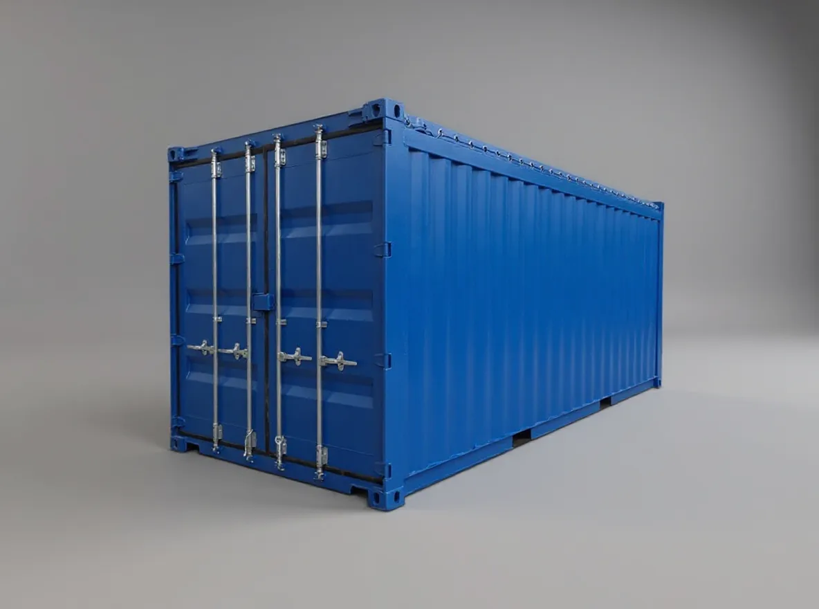 Blue open top container seen from the door end, doors closed