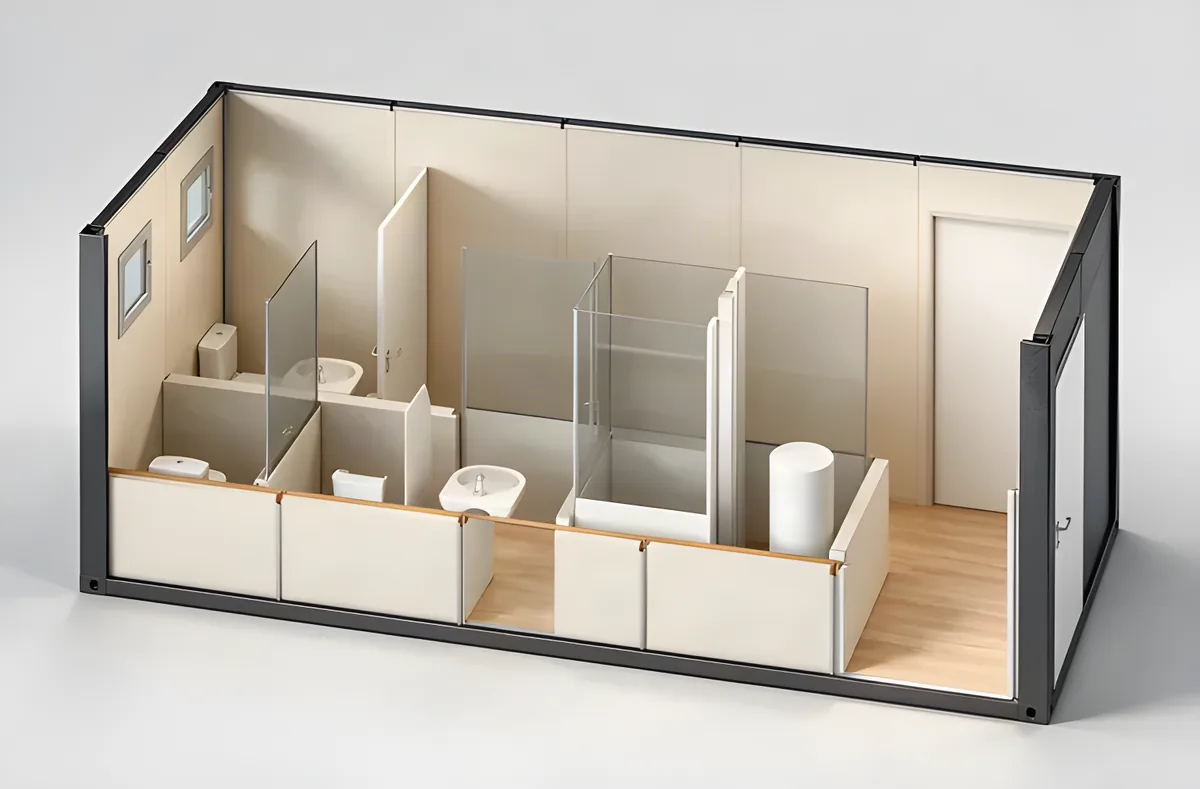 Sanitary unit cutaway: an entryway, a glazed shower cubicle, a WC and a washbasin