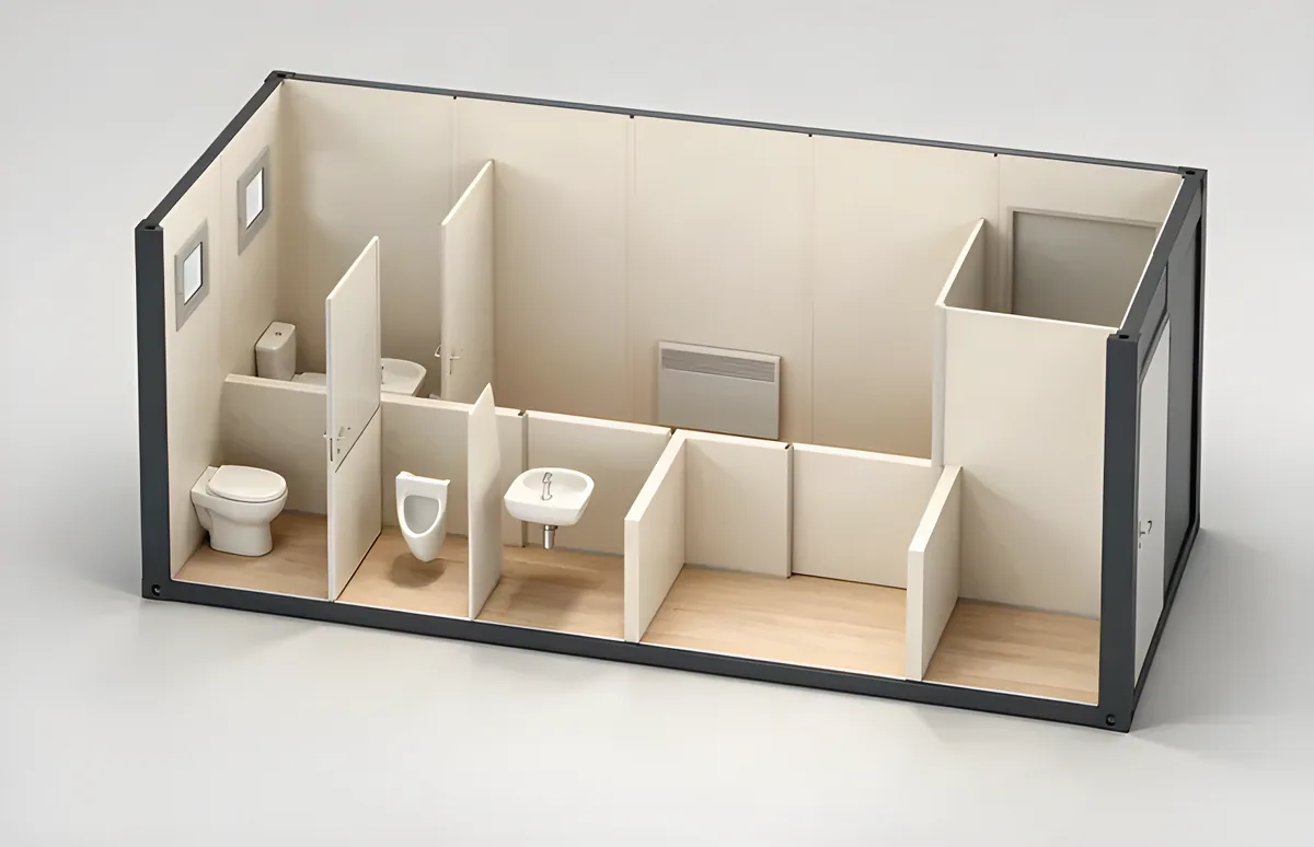 Sanitary unit cutaway: an entryway, a WC, a urinal and a washbasin behind partitions