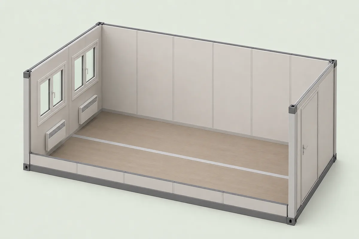 Corridor module cutaway: two doors and windows along one side, empty over a wood floor