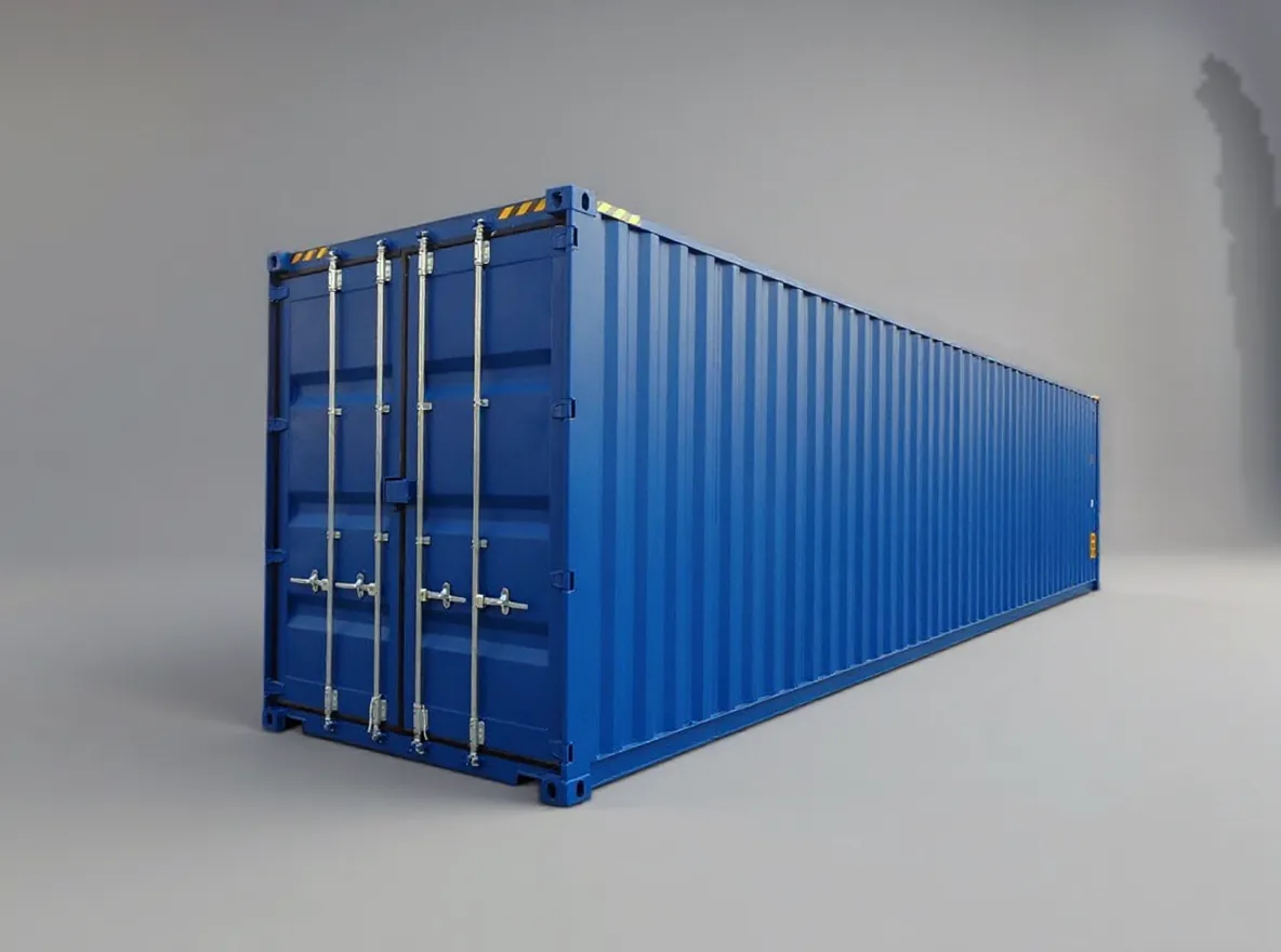 Blue high cube container seen down its length, doors closed