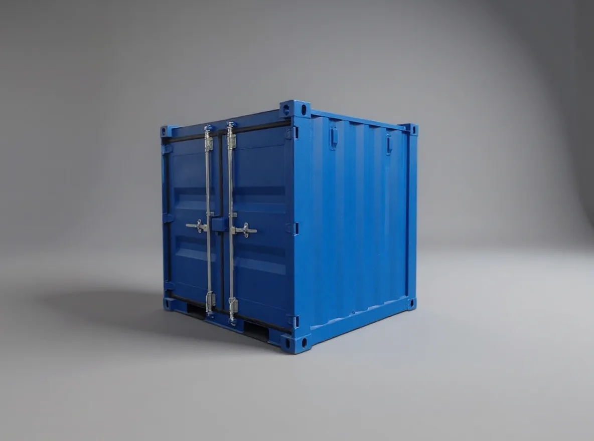 Blue mini container seen from the door end, doors closed