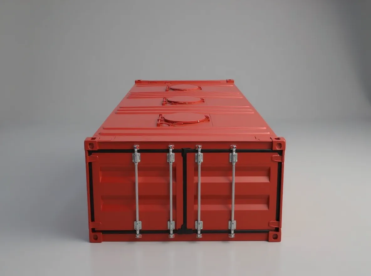 Red bulk container seen head on, roof hatches along the top and closed doors