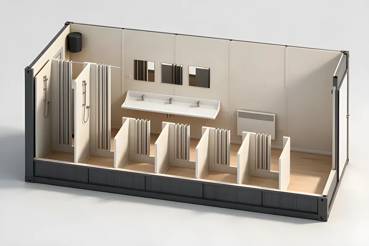 Sanitary unit cutaway: a shower cubicle, a washbasin run and partitioned stalls