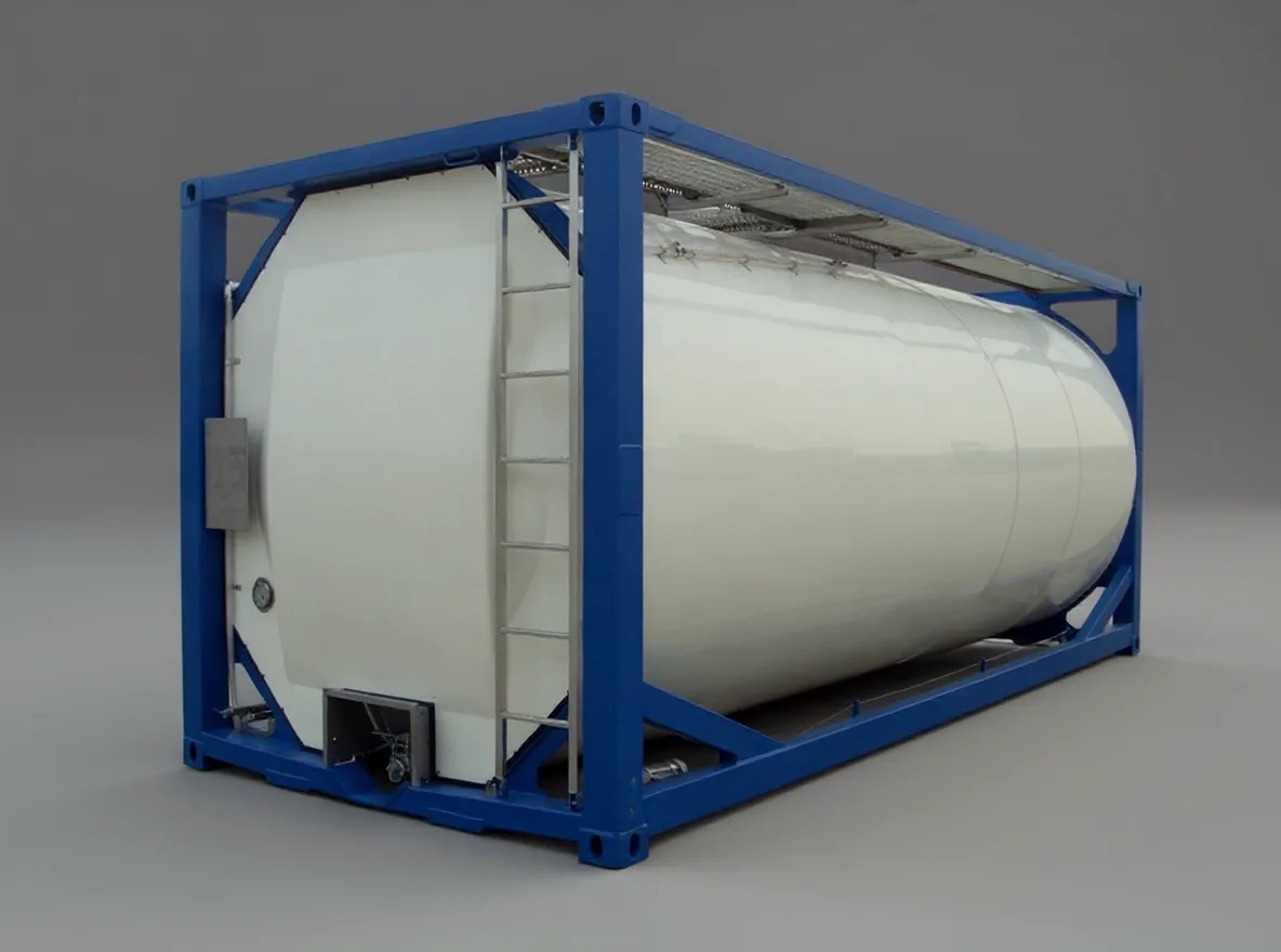 White cylindrical tank in a blue steel ISO frame seen at three quarters, with a walkway along the top