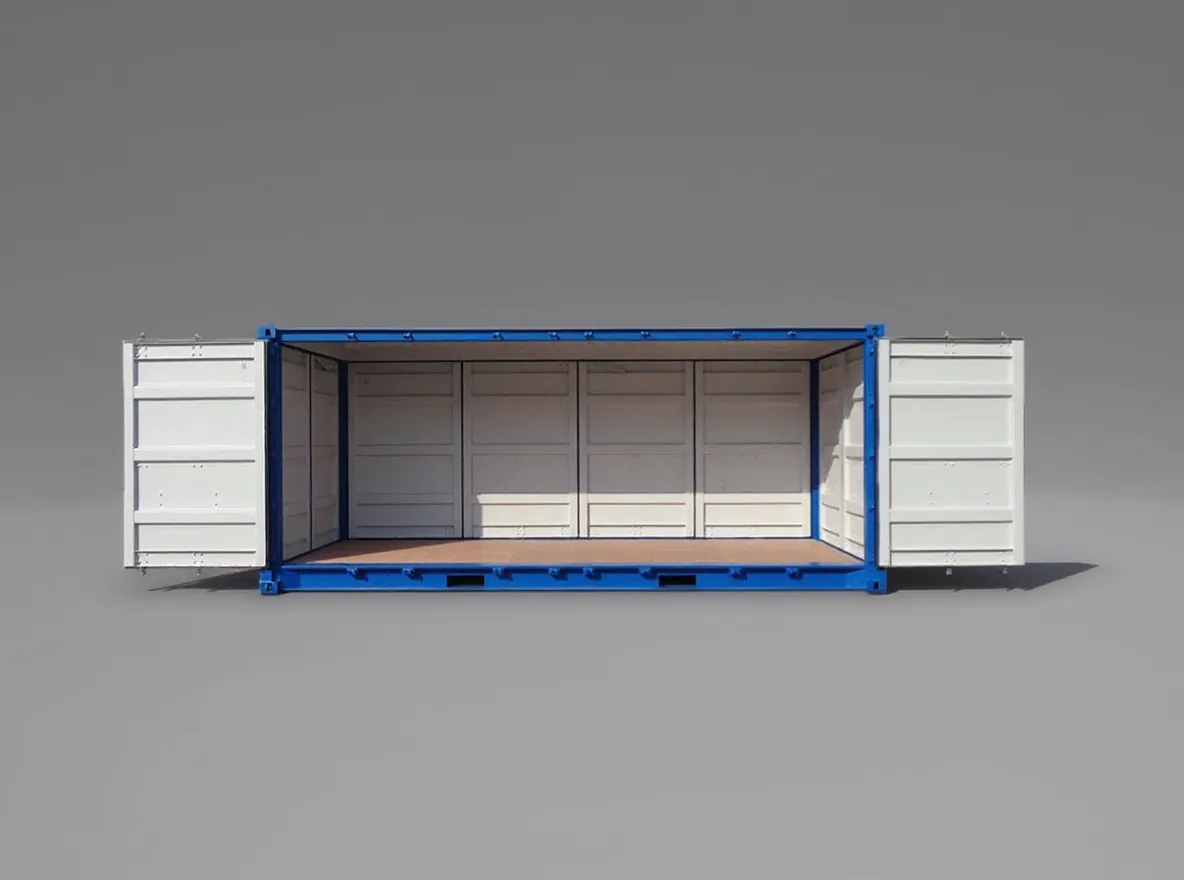Cream container seen from the side, side doors open, showing the interior and timber floor