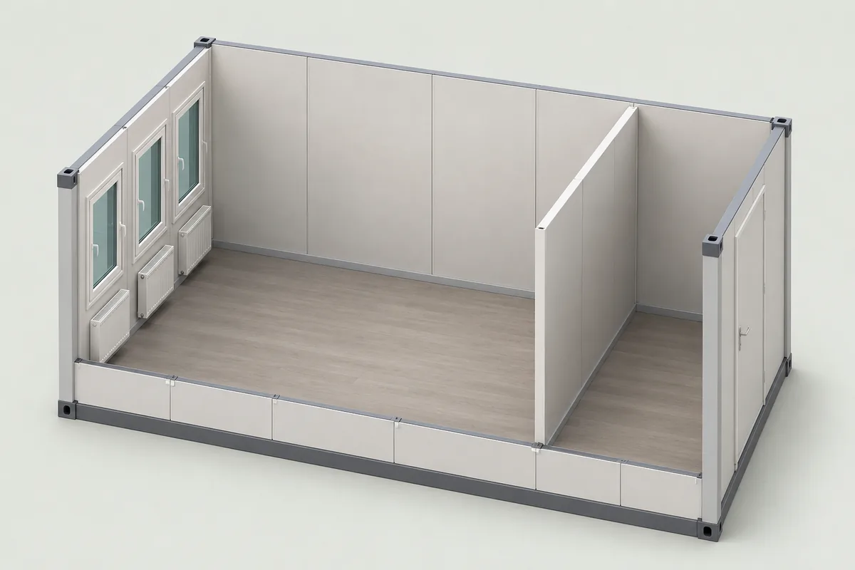 Office module cutaway: a corridor partition, windows and a door along one side