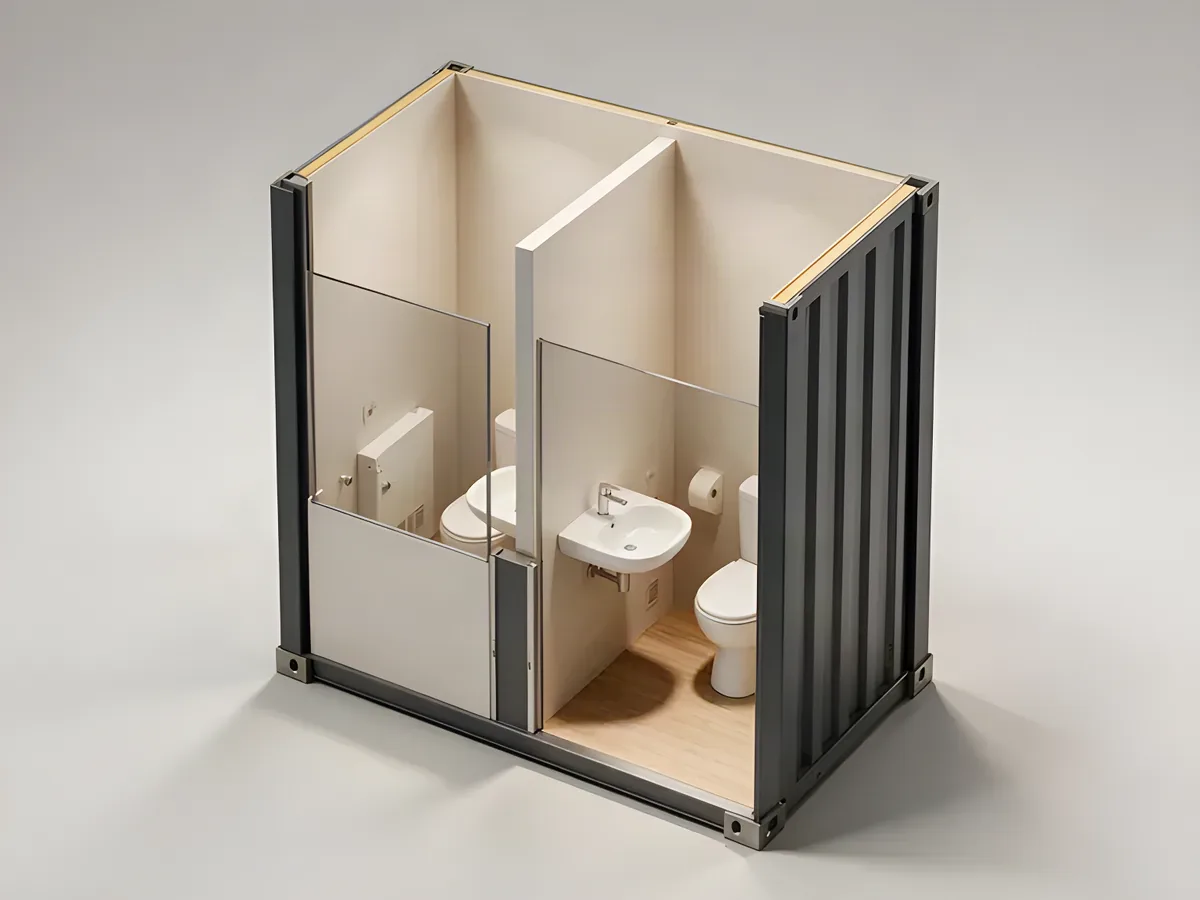 Sanitary unit cutaway: two cubicles side by side, one with a WC and one with a washbasin