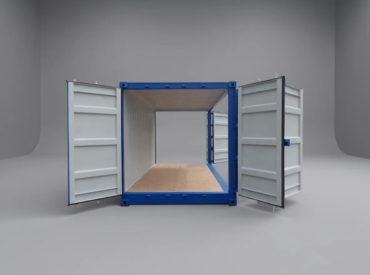 Blue container seen from the door end, both doors open, showing the empty interior and timber floor