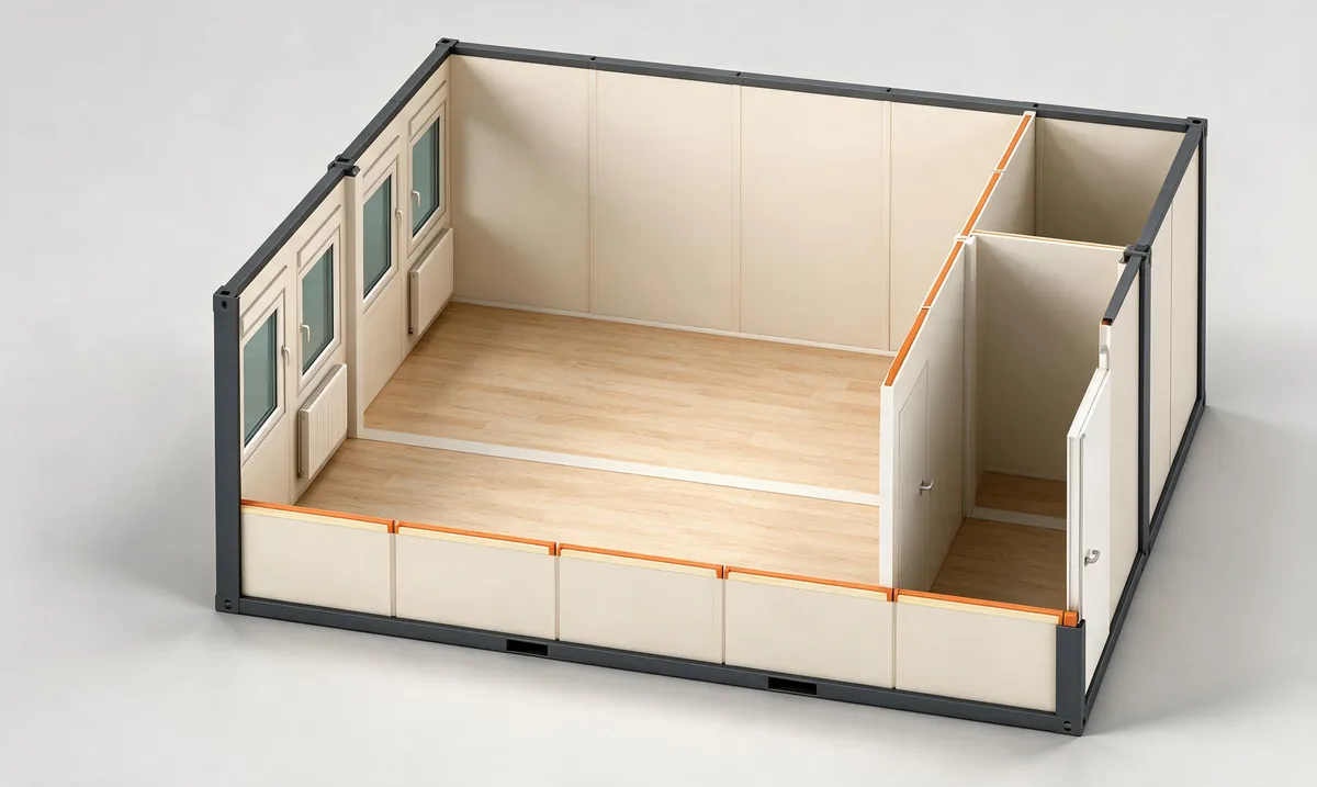 Double office module cutaway: a partition wall, windows and doors along one side
