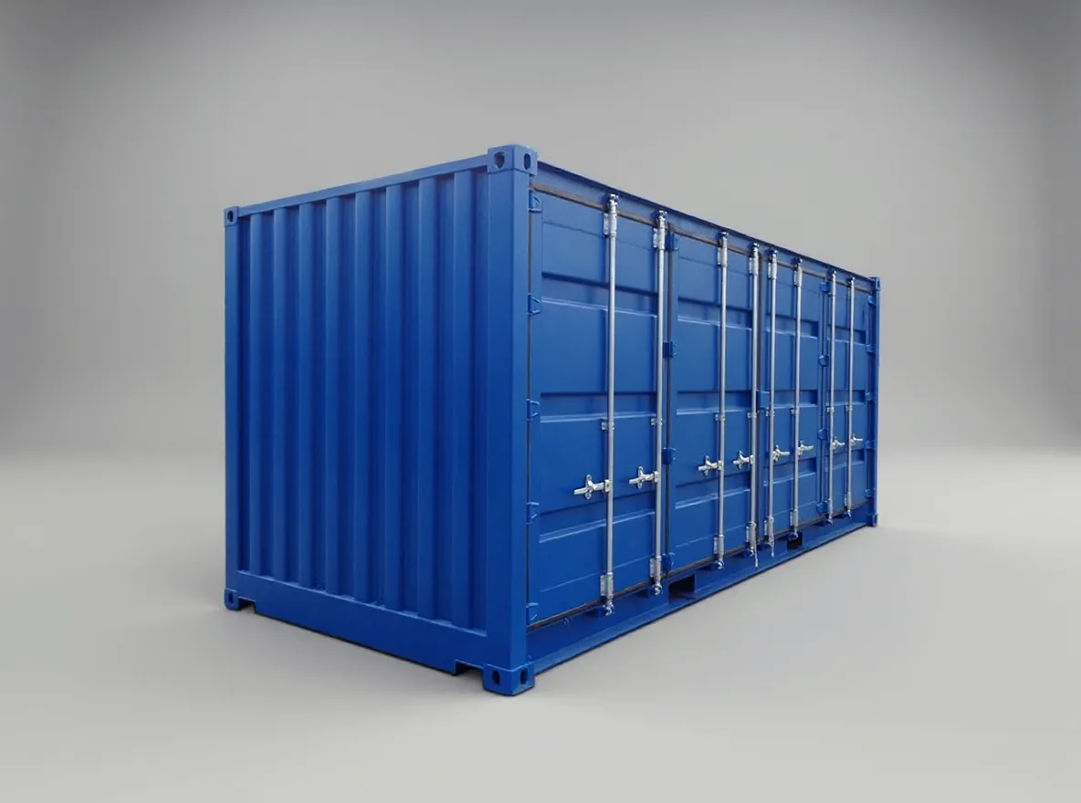 Blue container seen from the side, side doors closed along the full length of the side wall
