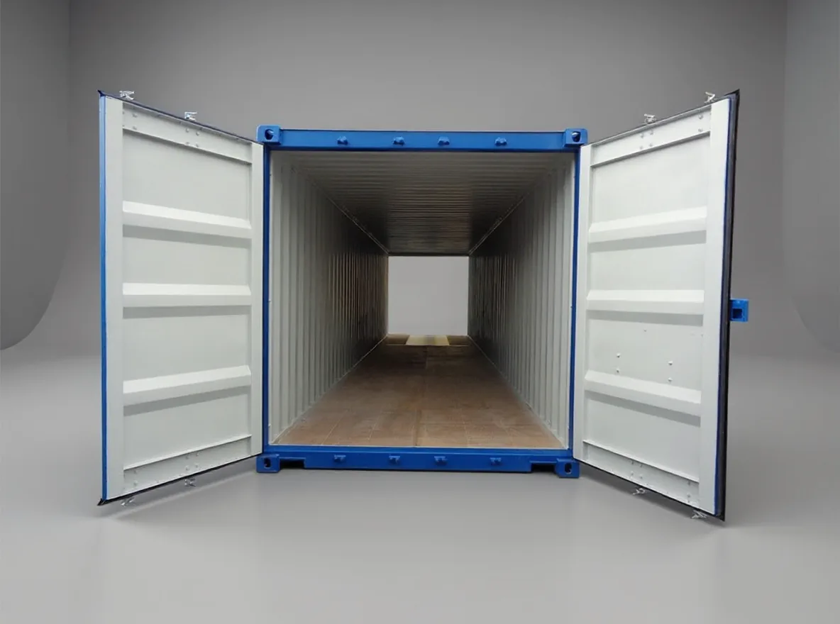 Blue container seen from the door end, both doors open, showing the full length of the empty interior
