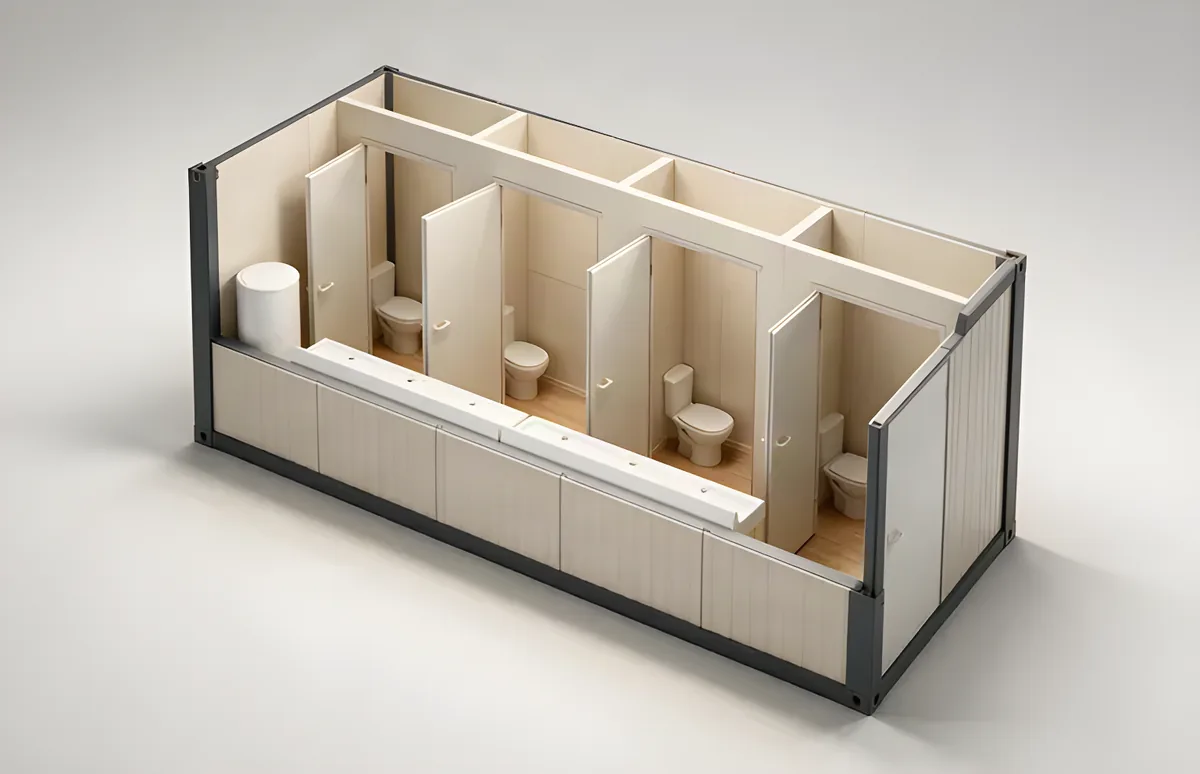 Sanitary unit cutaway: a row of WC cubicles and a water heater cylinder on a wood floor