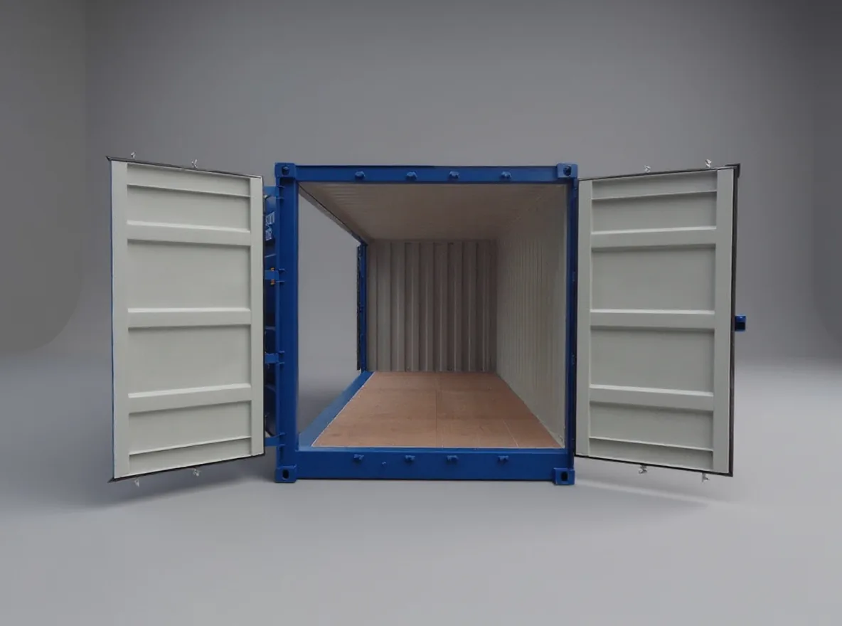 Blue side door container seen from the door end, both doors open, showing the empty interior and timber floor