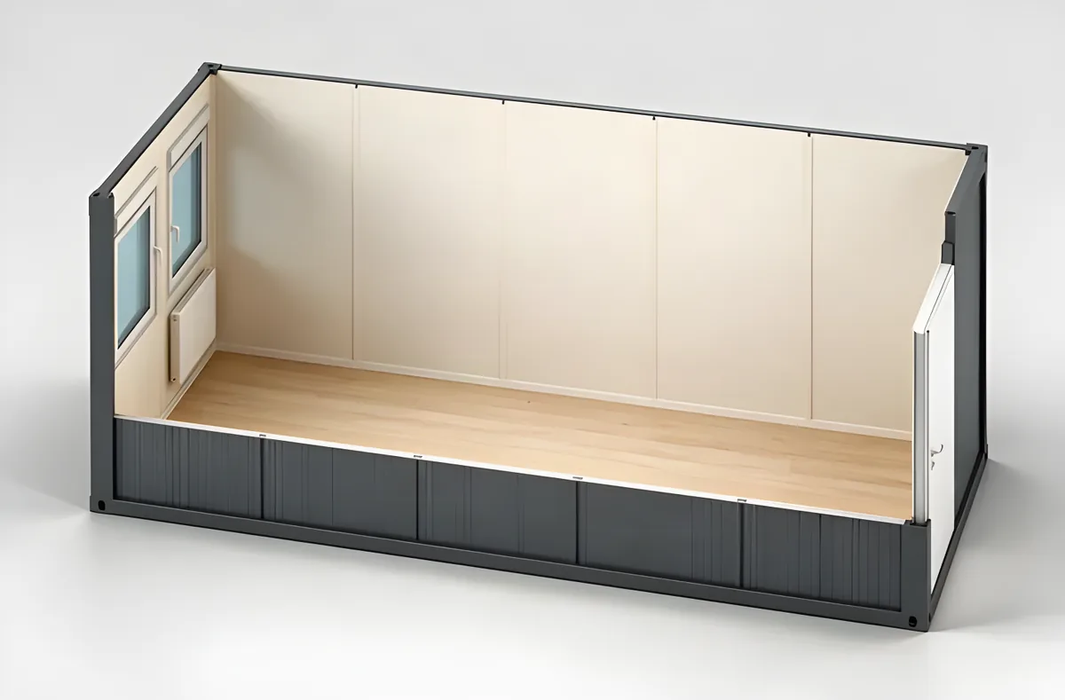 Office module cutaway: empty inside, windows and a door along one side, wood floor