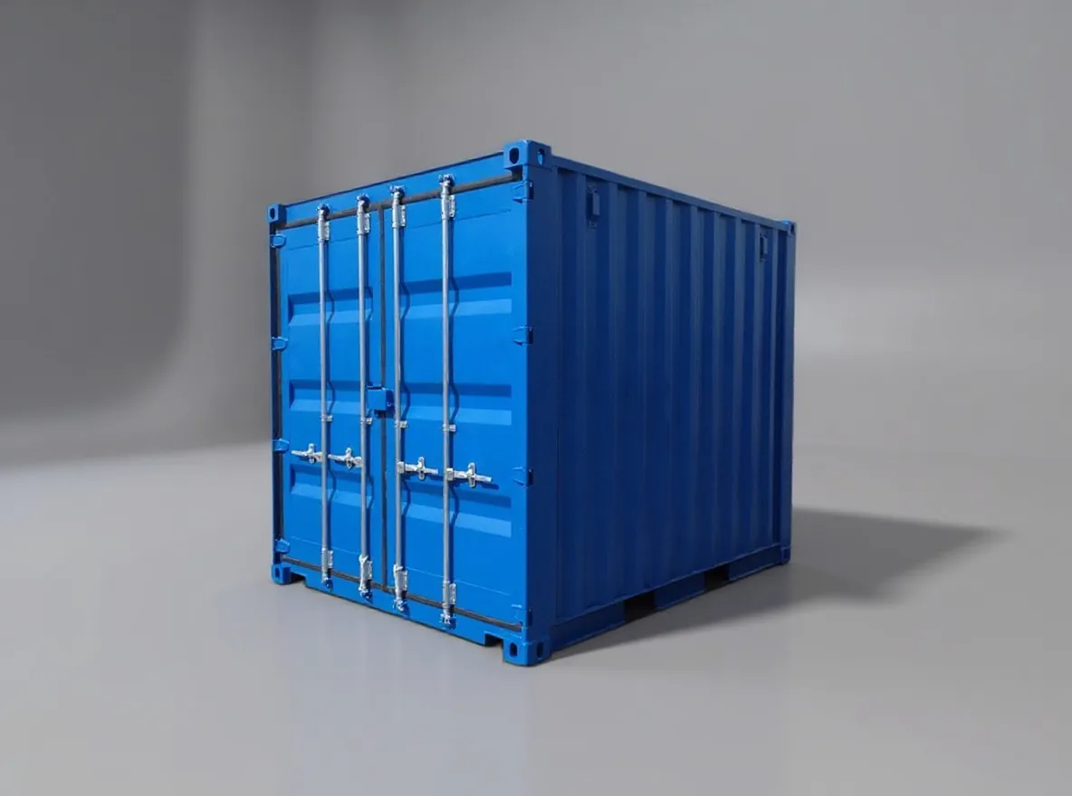 Blue mini container seen from the door end, doors closed