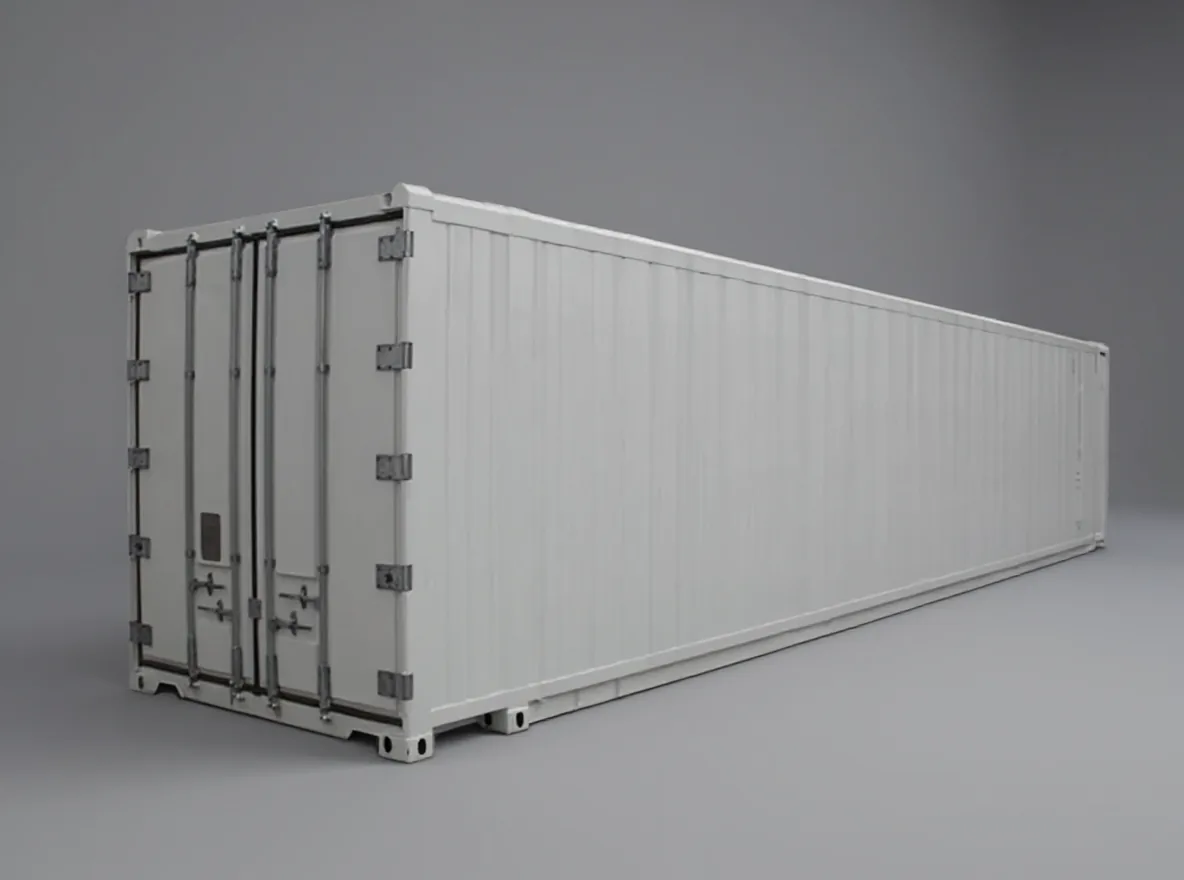 White reefer container seen from the blank side wall