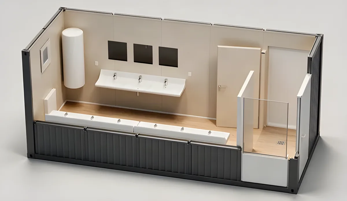 Washroom cutaway: a washbasin trough with mirrors, a glazed shower and a corridor door