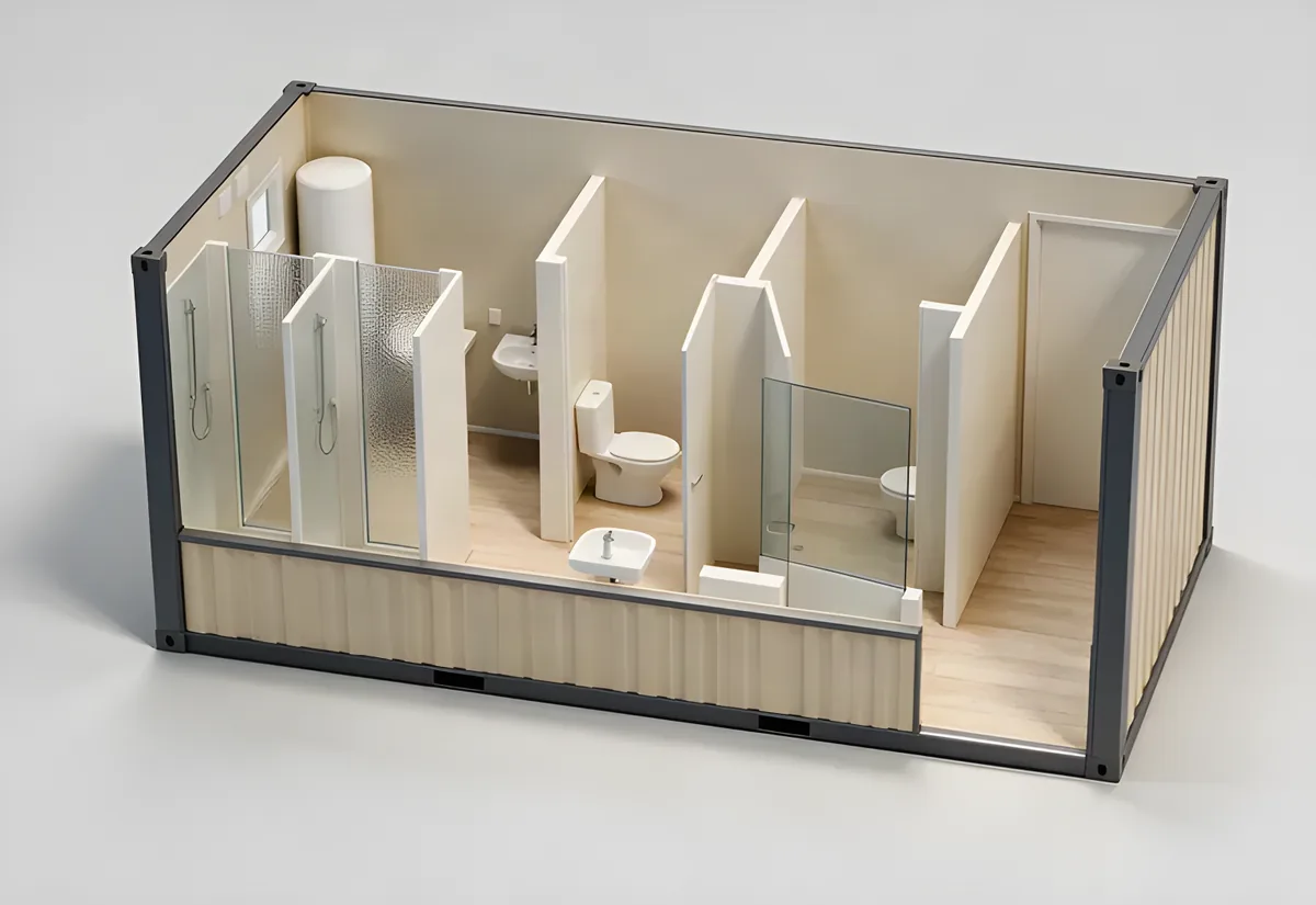 Sanitary unit cutaway: glazed shower cubicles, a WC and a washbasin along a corridor