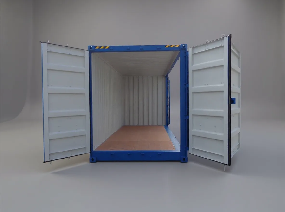 Blue high cube container seen from the door end, end doors open, showing bare walls and a timber floor
