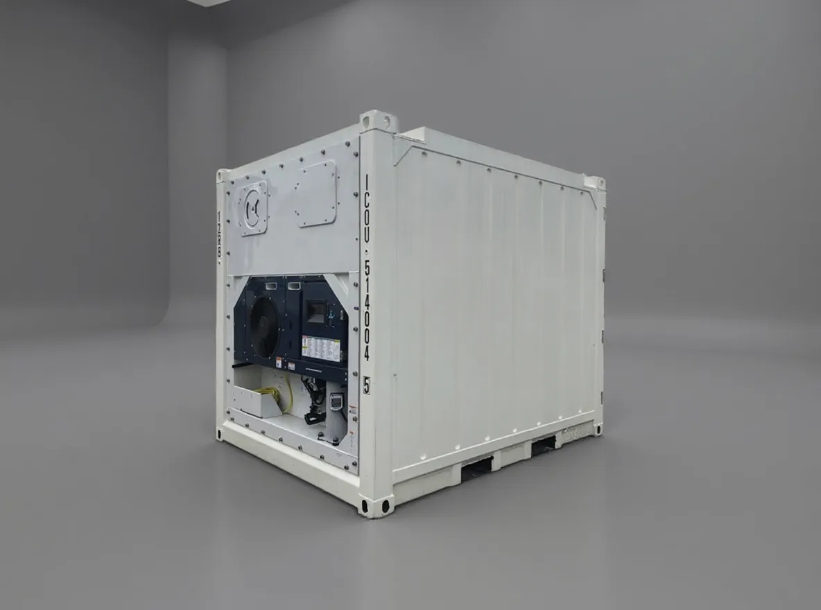 White offshore reefer seen at three quarters, its refrigeration machinery exposed at the near end