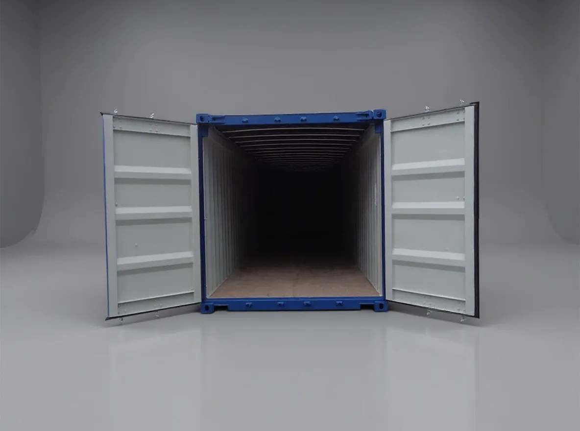Blue open top container seen from the door end, both doors open, showing the empty interior and timber floor