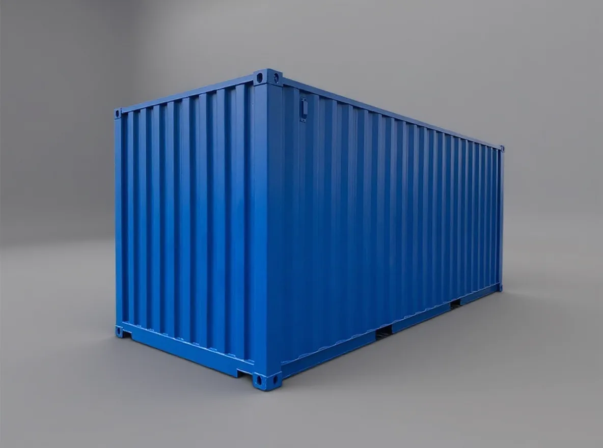 Blue dry van container seen from the blank side wall