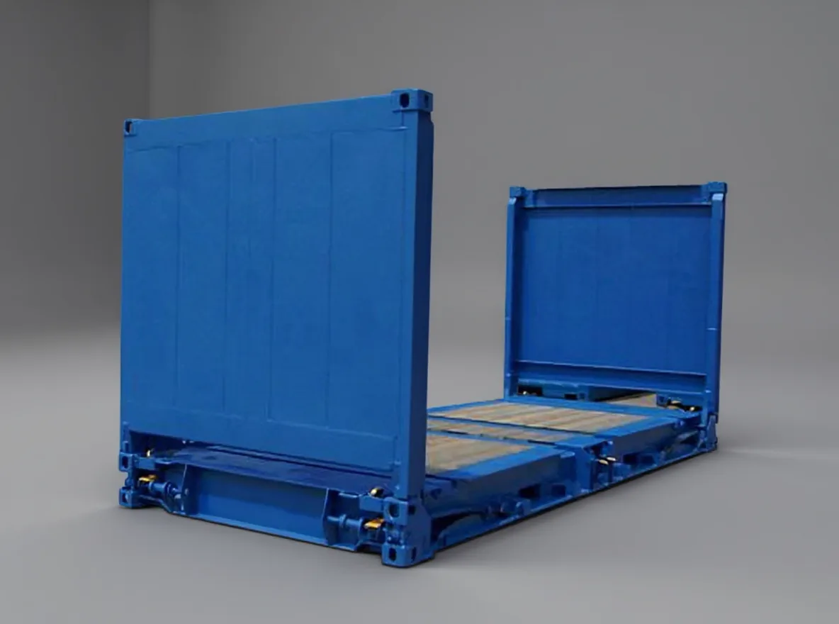 Blue flat rack container seen at three quarters, one end wall upright and the other folded flat onto the timber deck