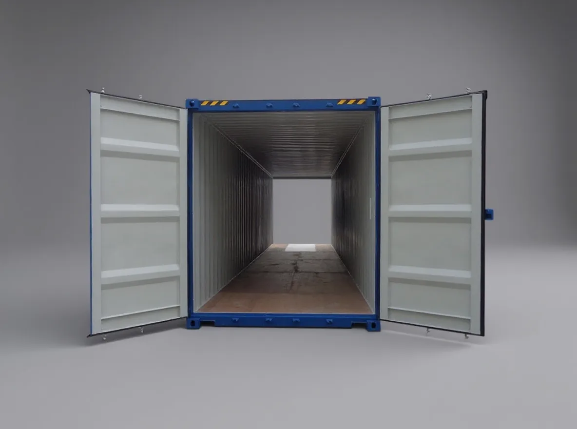 Blue high cube container seen from the door end, both doors open, showing the full length of the empty interior