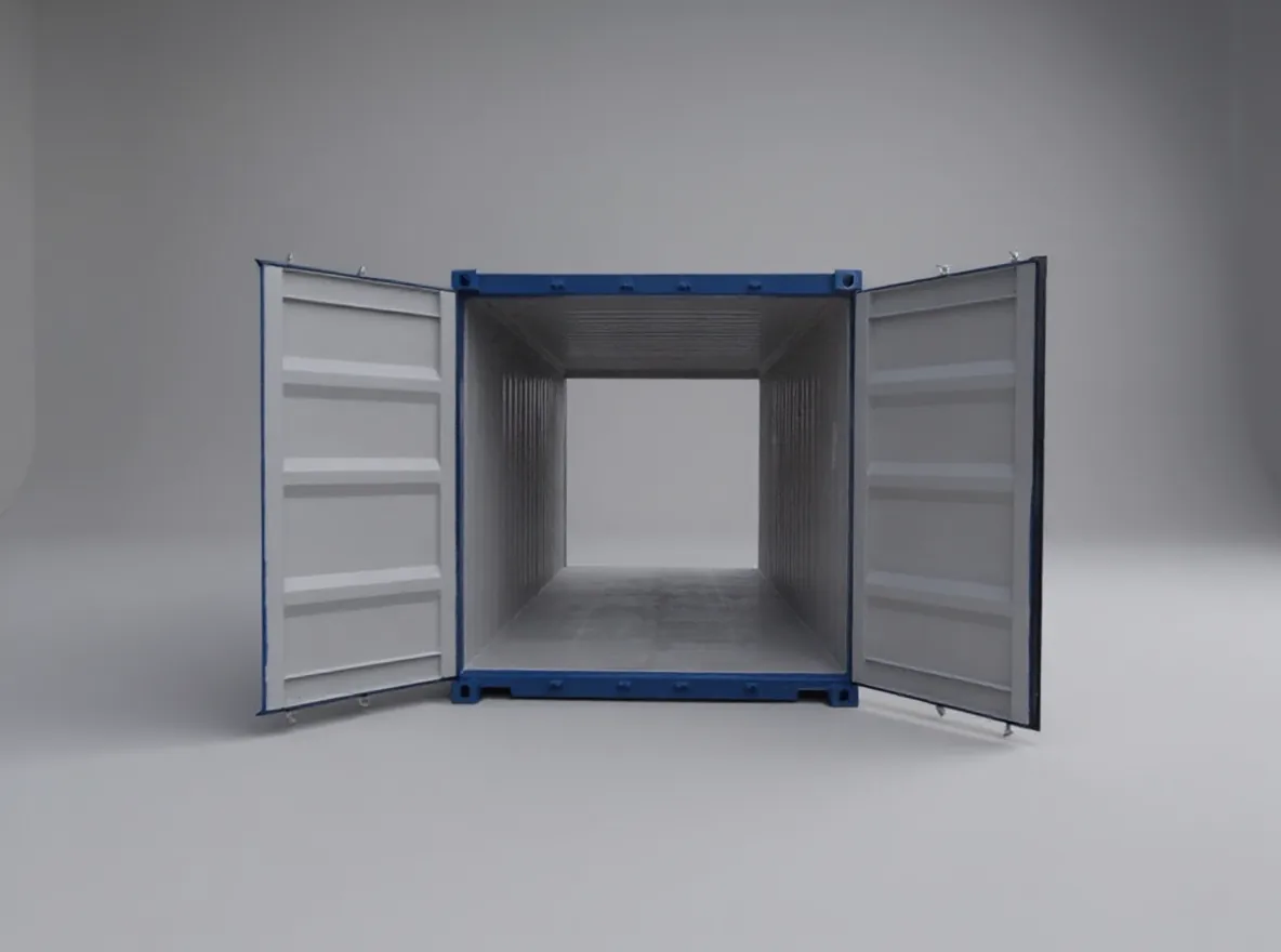 Blue container seen from the door end, both doors open, showing the bare grey interior