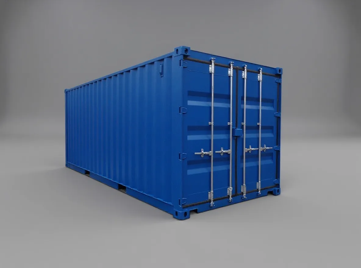 Blue low cube container seen at three quarters, doors closed
