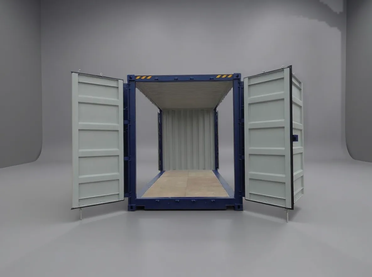 Dark blue high cube container seen from the door end, end doors open, showing bare walls and a timber floor