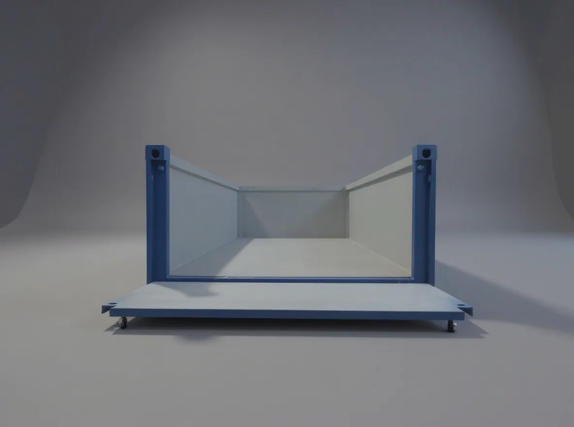 Blue half height container seen head on, open topped with low ribbed side walls
