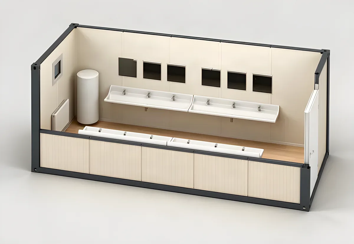 Washroom cutaway: two washbasin troughs with mirrors above and a water heater cylinder
