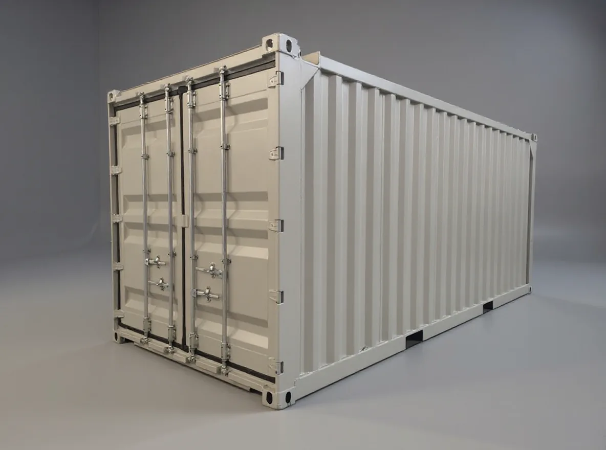 Cream offshore container seen at three quarters, a reinforced external frame and closed doors
