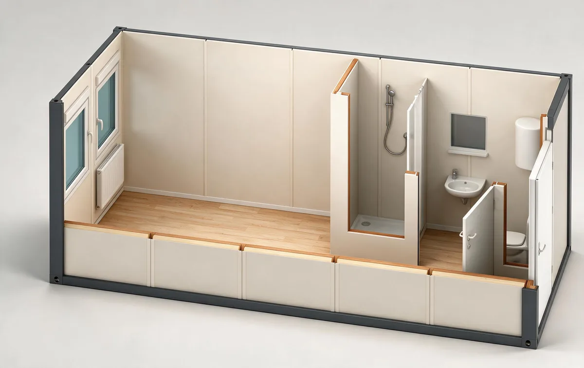 Office module cutaway: a window at one end, a partitioned shower and WC at the other