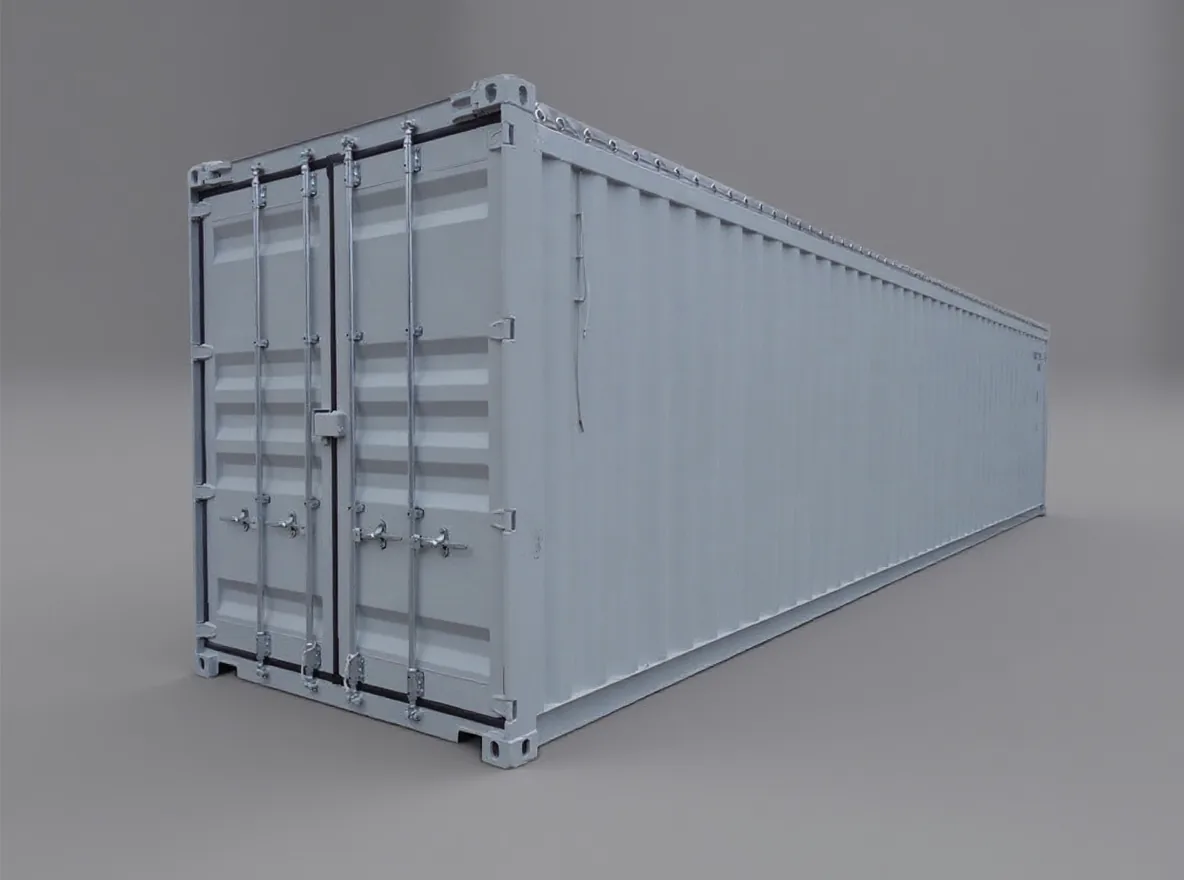 Pale grey open top container seen down its length, doors closed
