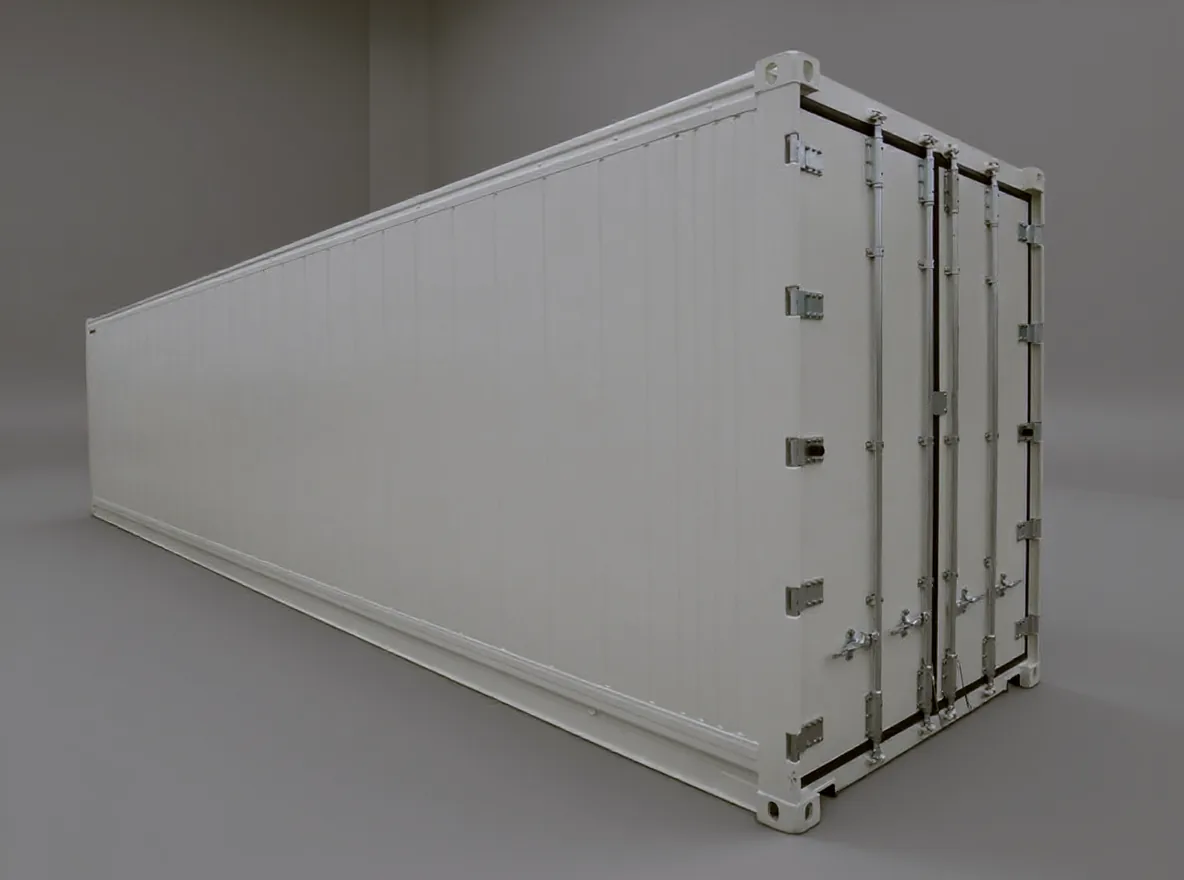 White reefer container seen from the side, doors closed